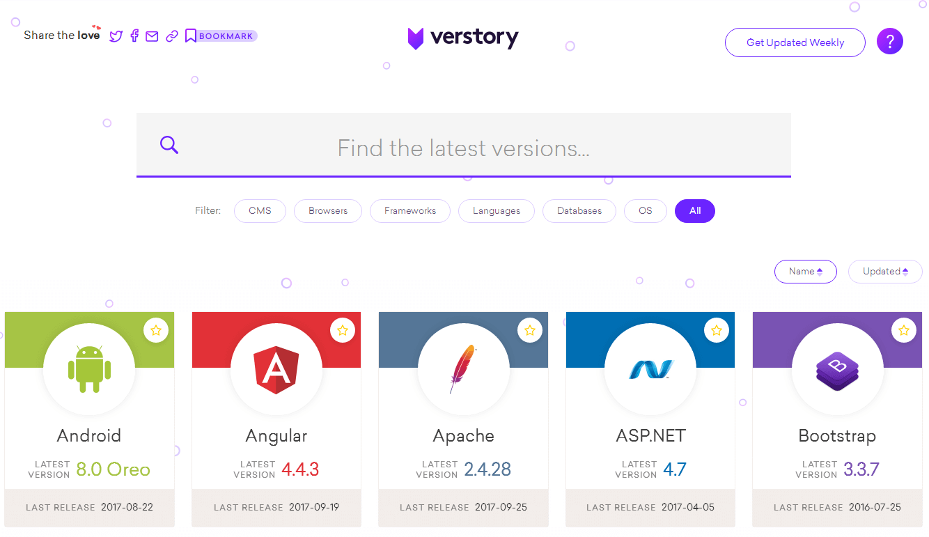 [教程]Verstory：可以查询各种开发框架/程序语言/CMS/软件/系统等最新版本的网站